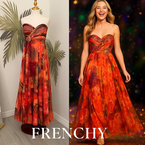 Vintage Frenchy Beaded Watercolor Chiffon Gown Orange Red EUC Size 4